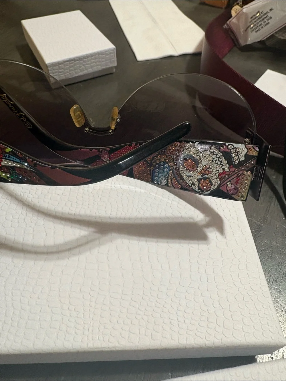 Ed Hardy Purple Gradient Rimless Shield Sunglasses with Gold Brow